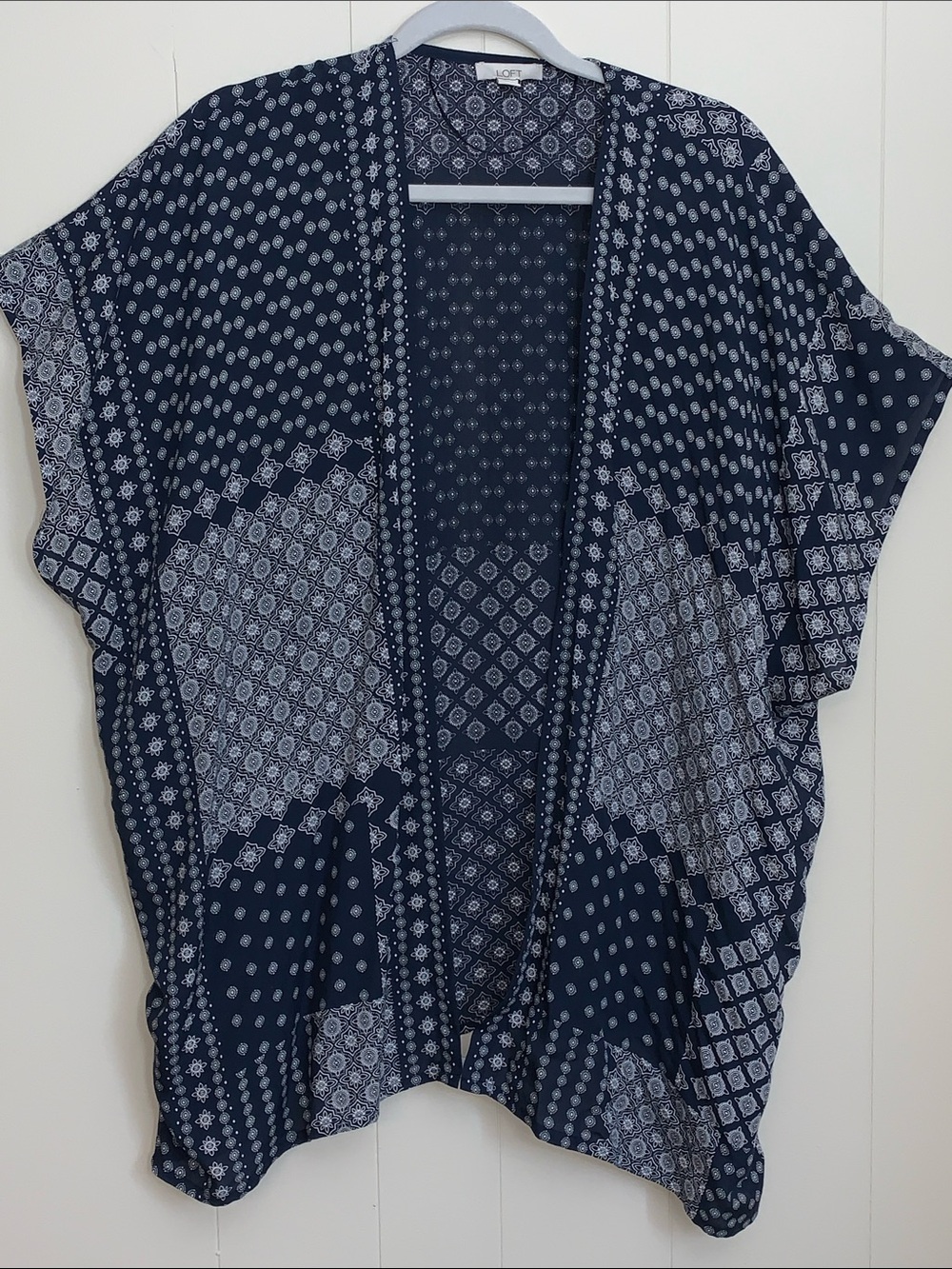 LOFT Navy and White Printed Open-Front Kimono Cardigan